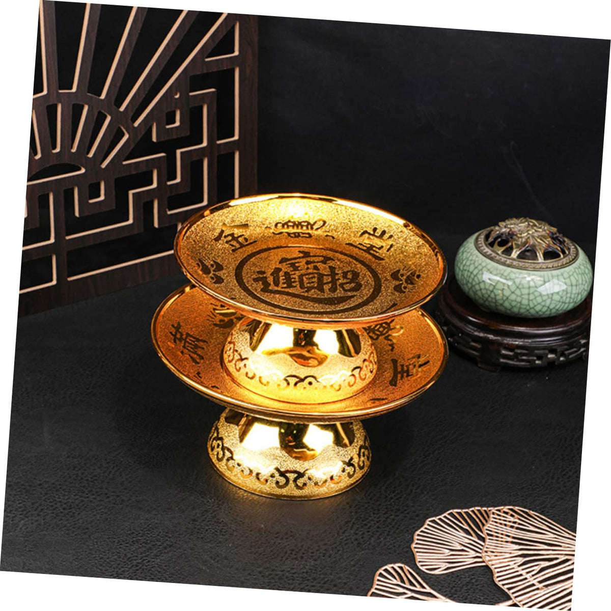 Utensil Tray 2pcs Buddhist Plate Offering Bowls Footed Fruit Tray Dessert Snack Container Tinplate Bowl Blessing Bowl for Rituals Incense Smudging Decoration Golden 7inch Cutlery (17.5x17.5CM)