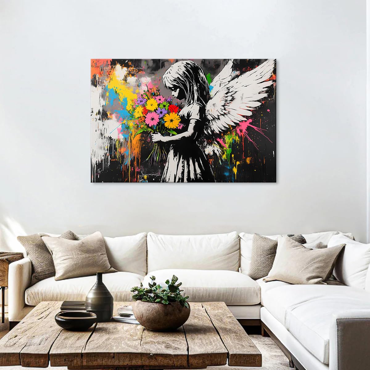 Abstract Graffiti Banksy Canvas Wall Art Banksy Angel Girls Decor Colorful Street Prints Picture Painting for Living Room Bedroom Pop Art Poster Modern Aesthetic Artwork Home Decoration 32x48” (48"L x 32"W / BANKSY)