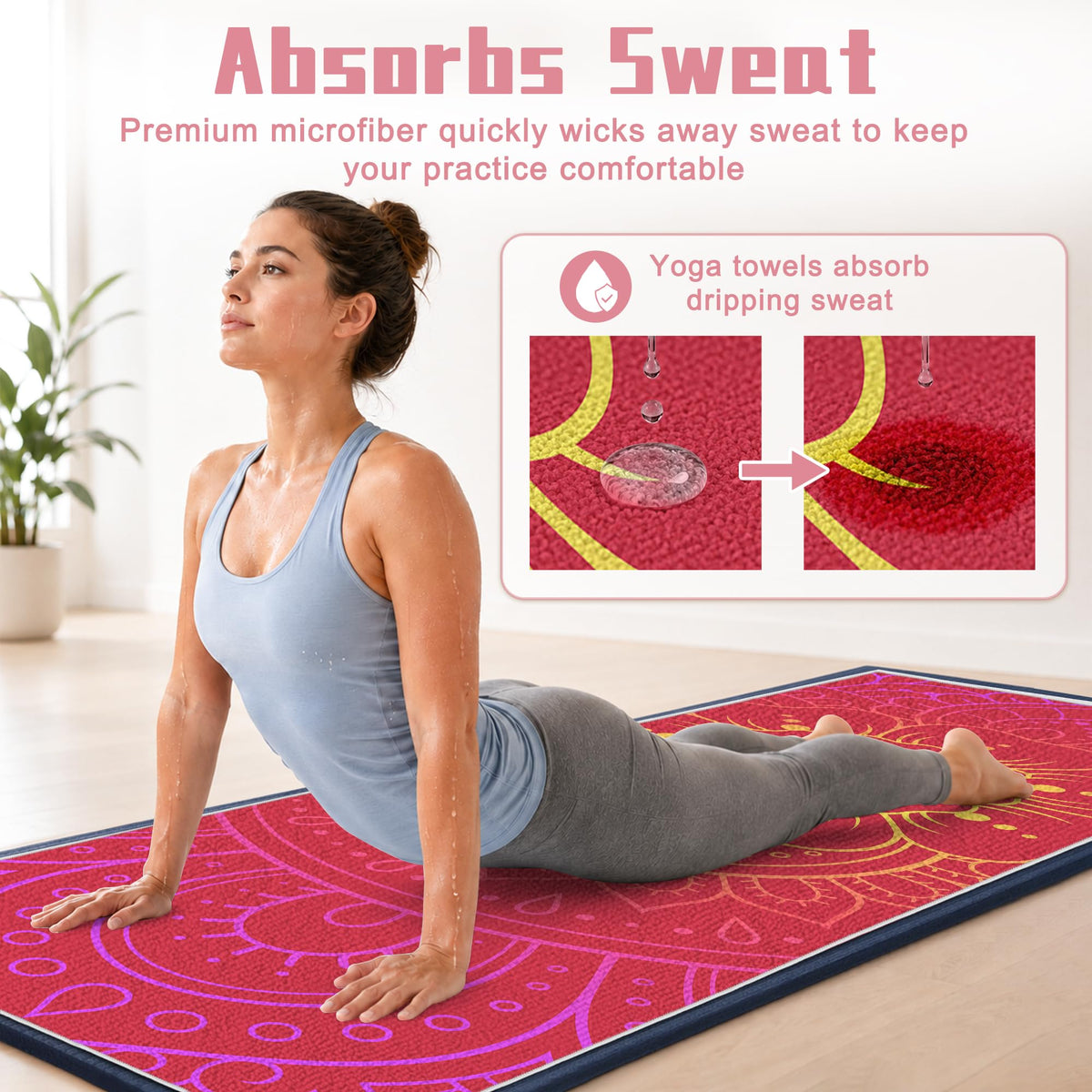 Yoga Towel Absorbent Yoga Mat Towel for Hot Yoga Non Slip (Red Flowers / Casual)