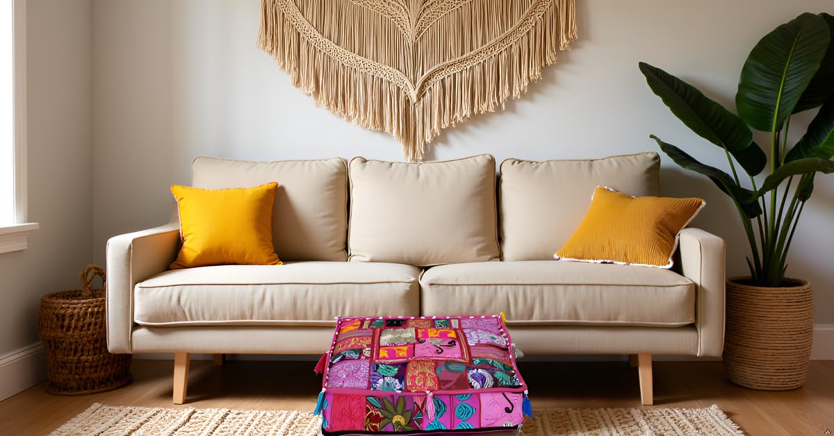 Indian Square Patchwork Traditional Pouf Cover Indian Living Room Poufs Decorative Embroidered Designer Ottoman Home Living Footstool Chair Cover Decor Pillow Cover 16x16x5 inches (16"D x 16"W x 5"H / Pink)