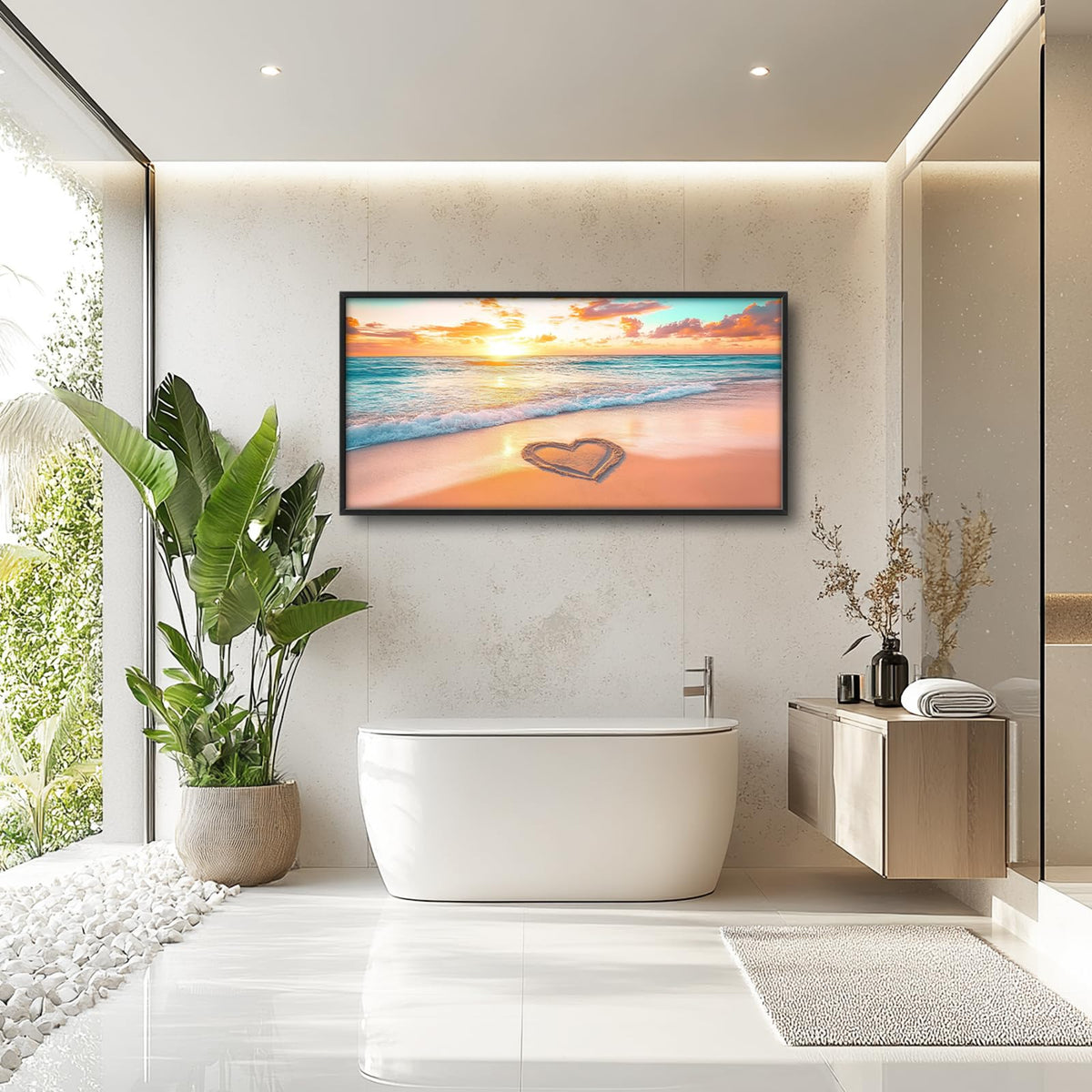 Coastal Beach Large Wall Art Sunset Framed Wall Decor Ocean Waves Canvas Painting Heart in the Sand Picturess for Living Room Bedroom Bathroom 30"x60" (Coastal Beach / 60"L x 30"W)