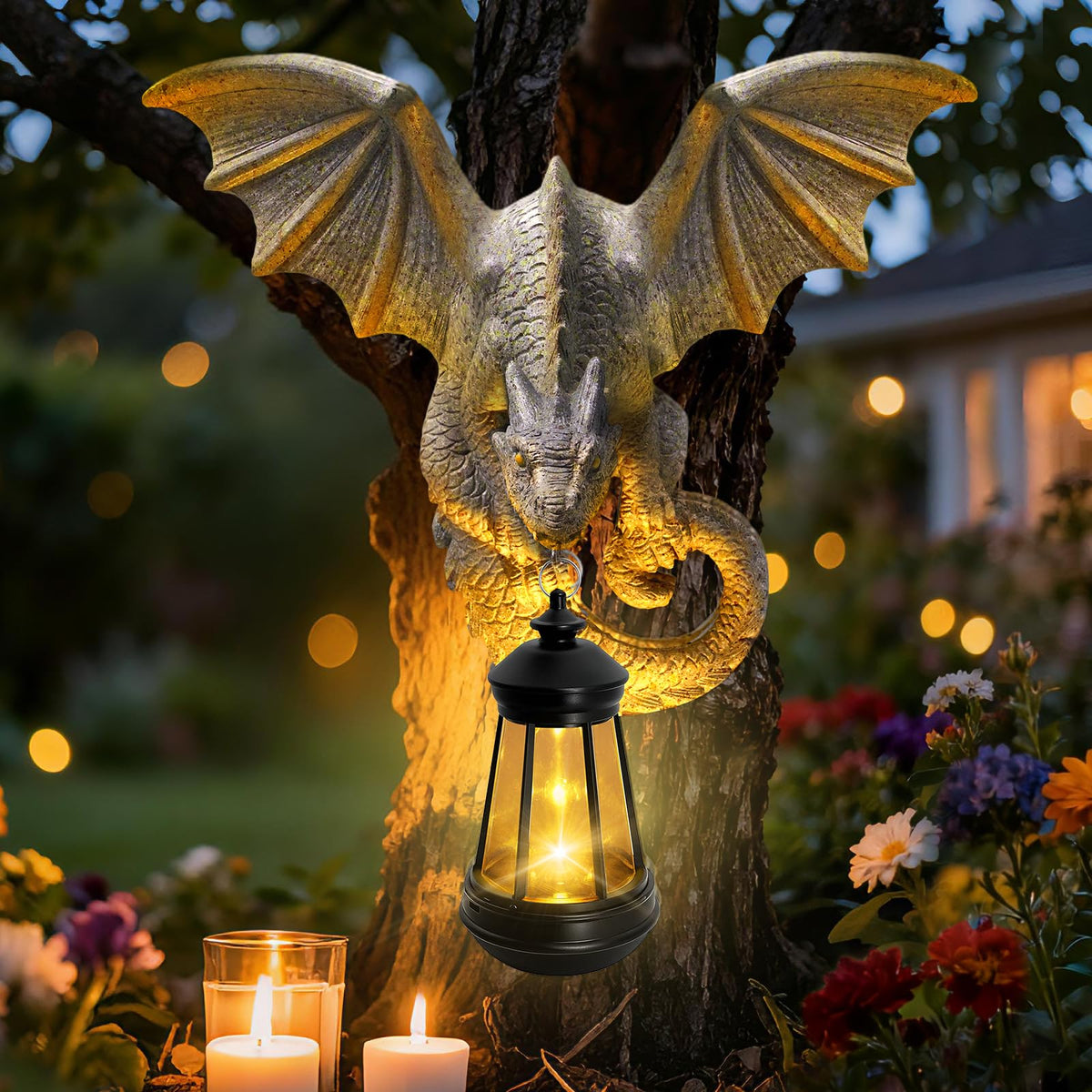 Solar Dragon Tree Hugger Garden Statue (Stone Grey - Dragon with Lantern)