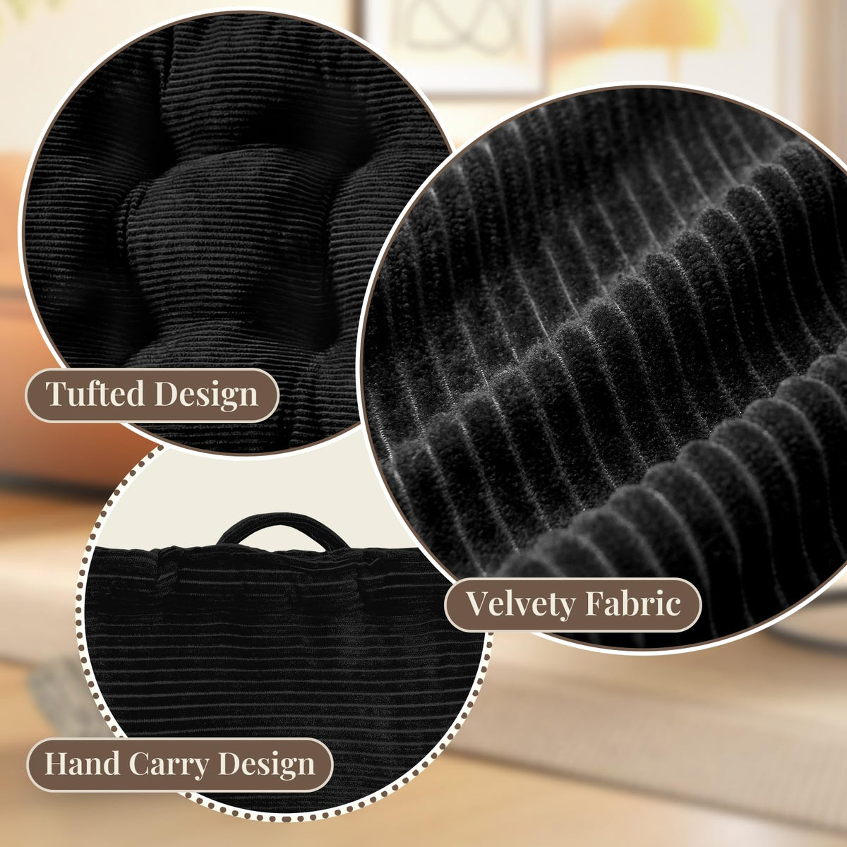 Square Floor Pillows for Adults Kids (Black / 2 Pack (20"x20"))