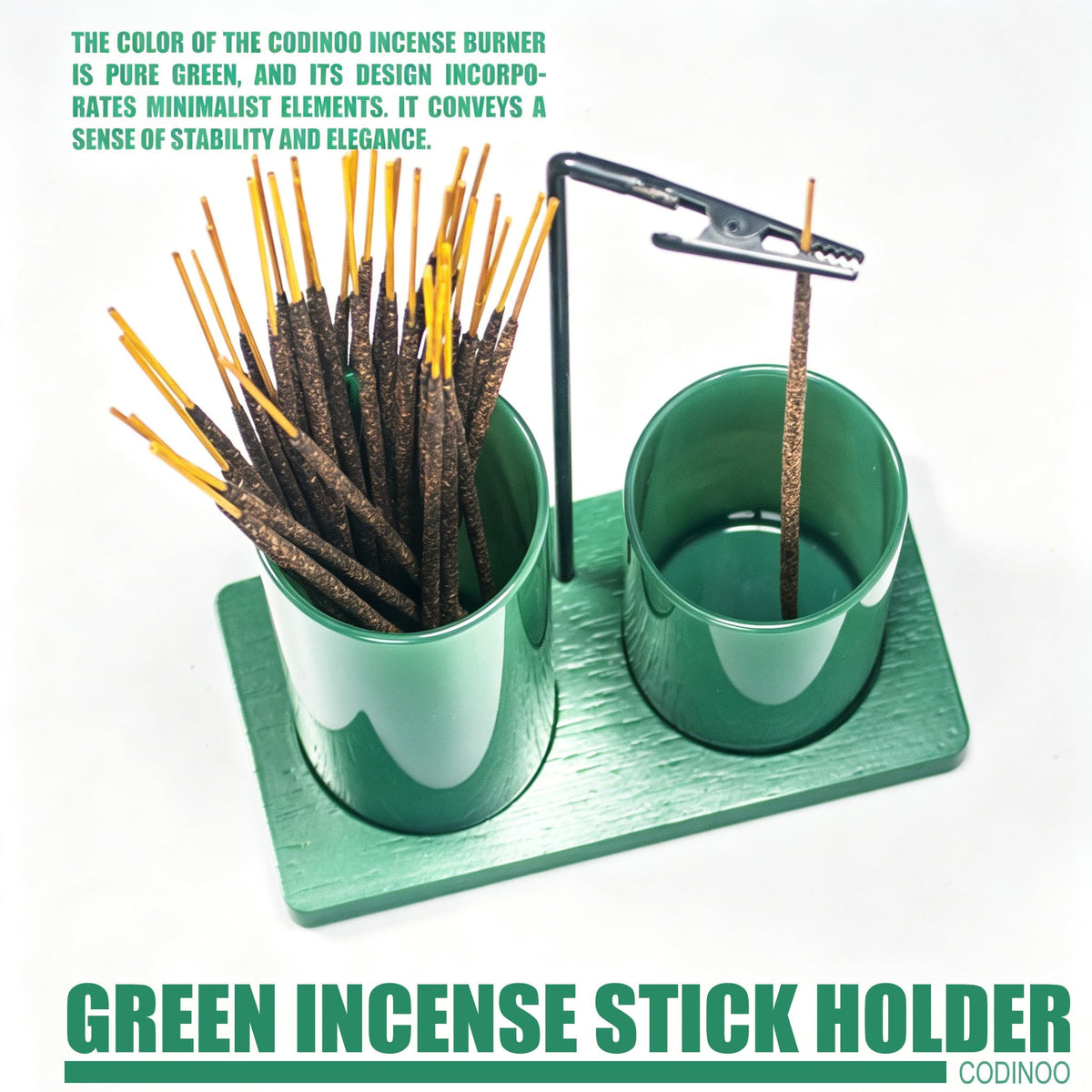 2 in 1 Incense Holder for Sticks Incense Burner Holder with Storage (All Green / 1 tall 1 short glass)