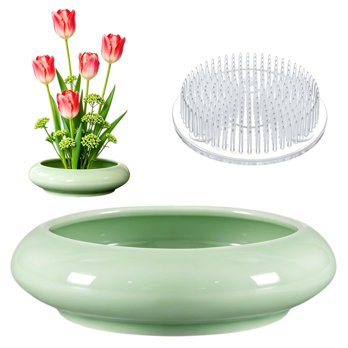 Ikebana vase kit Ceramic Flower Frog Set Kenzan Flower Shallow Bowl Flower Arrangement Kit Zen Decor for Home Office (Light Green)
