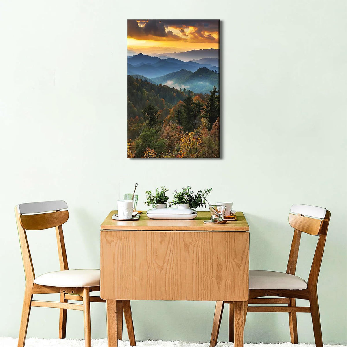 Great Smoky Mountains Wall Art National Park Picture Landscape Canvas Decor Sunset Forest Painting Vintage Mountain Landscape Artwork Framed for Living Room Bathroom Office Home Decoration 16x24” (16"L x 24"W / ZRSJ05)