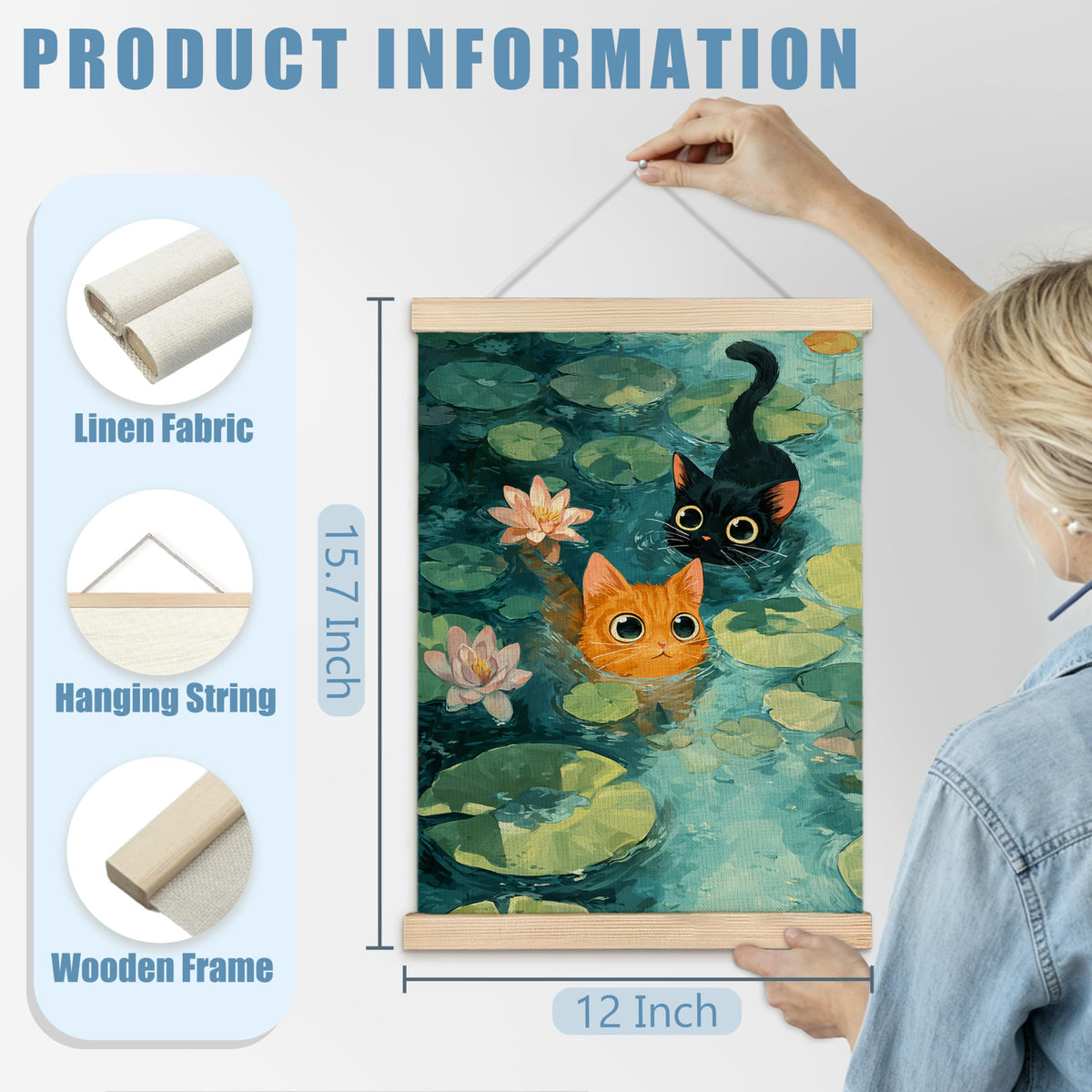 Whimsical Waterlily Floral Orange Black Cat Wall Art Decor (orange black cat)