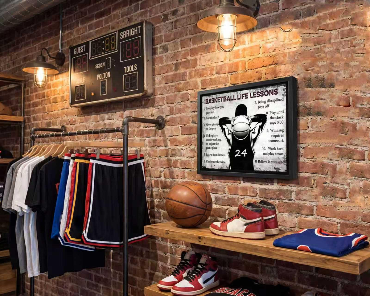 Black Framed Basketball Life Lessons Canvas Wall Art 24x36in (Basketball inspiration / 16"L x 12"W)