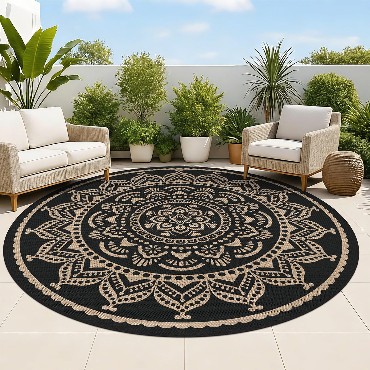 Waterproof Outdoor Rug (Flower Black Gold / 6' (Round))