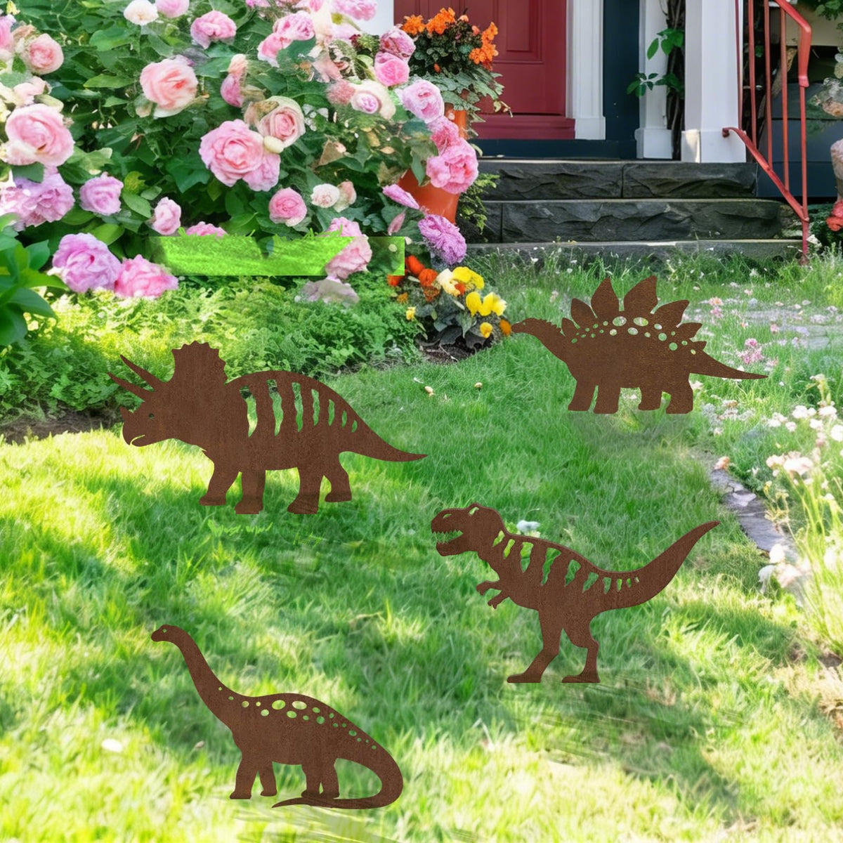 4 Piece Dinosaur Garden Stakes Set Dinosaur Garden Decor Dinosaur Sculpture Dinosaur Garden Statues Ideal for Porch & Zen Garden Spaces Unique Dinosaur Garden Decor (Cute)