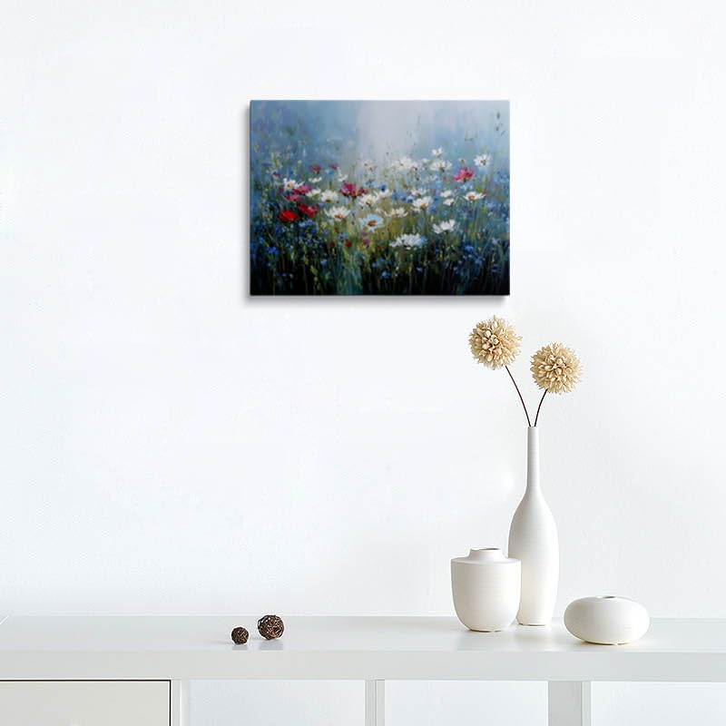 Wildflower Field Canvas Wall Art Framed Print Painting Red and White Blooms Impressionist Serene Wall Decor Artwork Poster Soft Blue Green Background for Living Room Bedroom Nursery Decor 12x16 Inches (wildflowers / 16"L x 12"W)