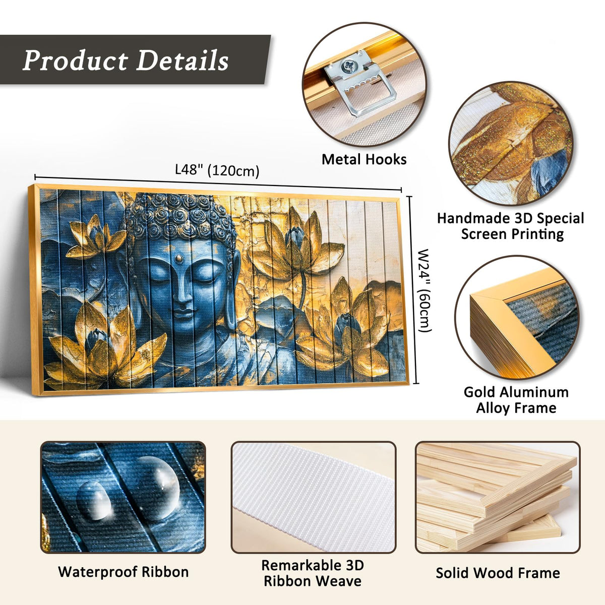 Vintage Buddha Wall Art Zen Lotus Flowers Canvas Ribbon Pictures Inspirational Wall Decor Handmade 3D Woven Textured for Buddhism Room Bathroom Bedroom Living Room Home Decor 24" x 48" (Gold / 48"L x 24"W)