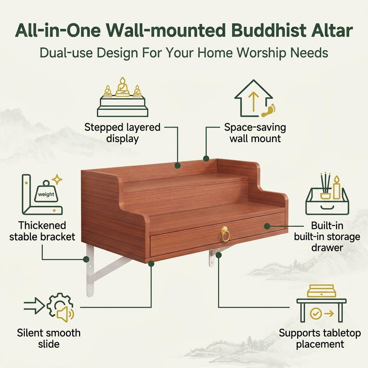2 Tier Wall Mounted Buddha Altar Shelf with Drawer (Teak / 60CM/23.6IN)