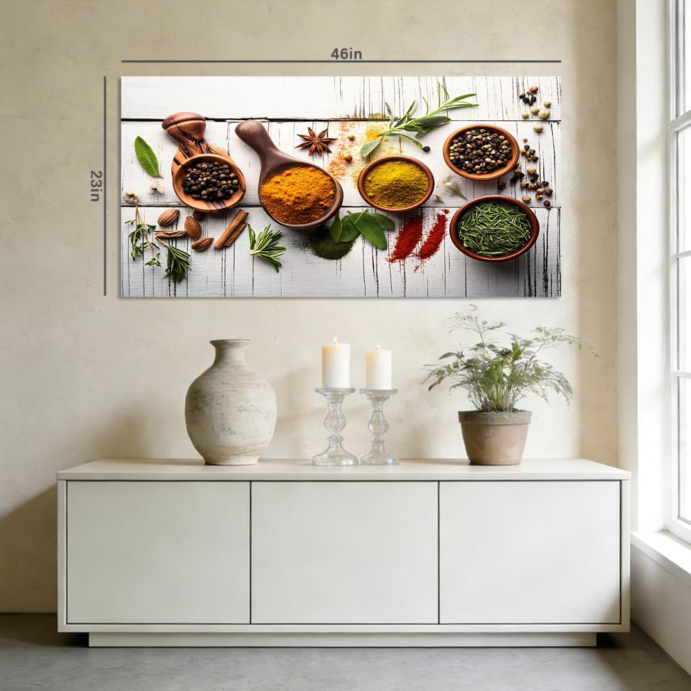 Vintage Culinary Spices Canvas Wall Art Turmeric Curry Herbs Painting Flat Print Gallery Wrapped Artwork for Living Room Bedroom Bathroom Decor (Retro / White Spice Arrangement 15 / 58"L x 28"W)