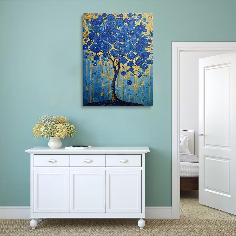 Abstract Blue Rose Canvas Wall Art Framed Tree Botanical Decor 16x24 Inch (Blue Tree (Wrapped Canvas) / 24"L x 16"W)