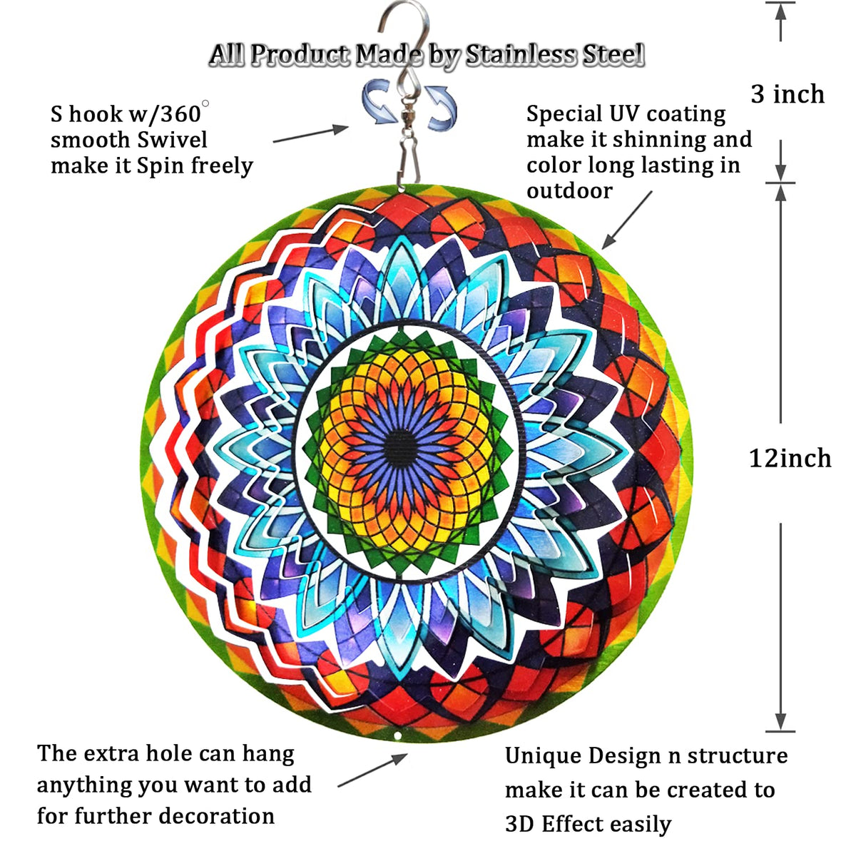 Wind Spinner Mandala Sun Flower 12 inches (12inch / Mdl06)