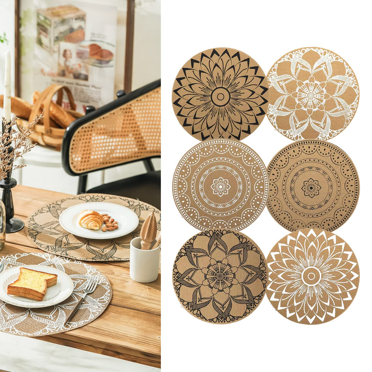 Set of 6 Boho PVC Round Placemats for Dining Table Mandala Table Mats Washable Heat Resistant Placemats Retro Table Decor Vintage Coffee Bar Mat Waterproof Dining Mat Bohemian Style (Mix)
