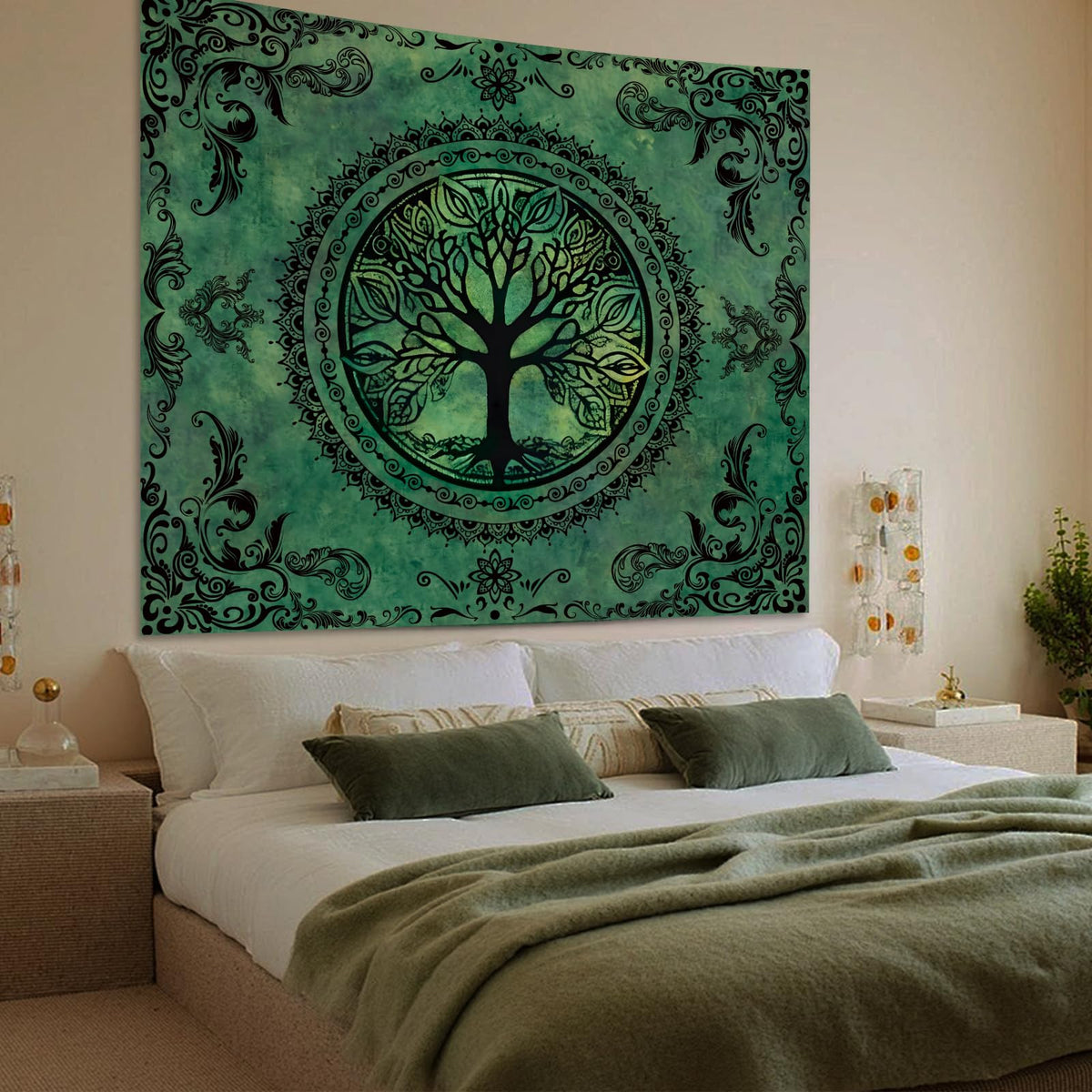 Green Boho Tapestry for Bedroom (60"L x 51"W / Green Tapestry)