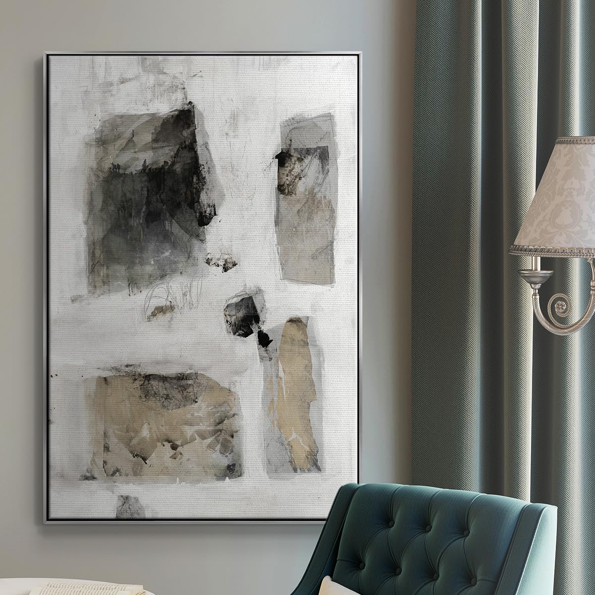 Canvas Home Decor Paintings Rustic Stone Wall Patterns Abstract Silver Floater Frame Wall Prints for Living Room Kitchen Office (37"L x 25"W / A Simple Love I V30)