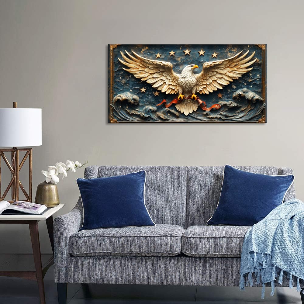 Gold Eagle Wall Art for Living Room Office Relief Sculpture Patriotic Symbol Baroque Ornamental Painting Prints Classic Canvas Artwork Dining Bedroom Decor Large (Baroque / Eagle Relief Sculpture Wall Art / 46L" x 23W")