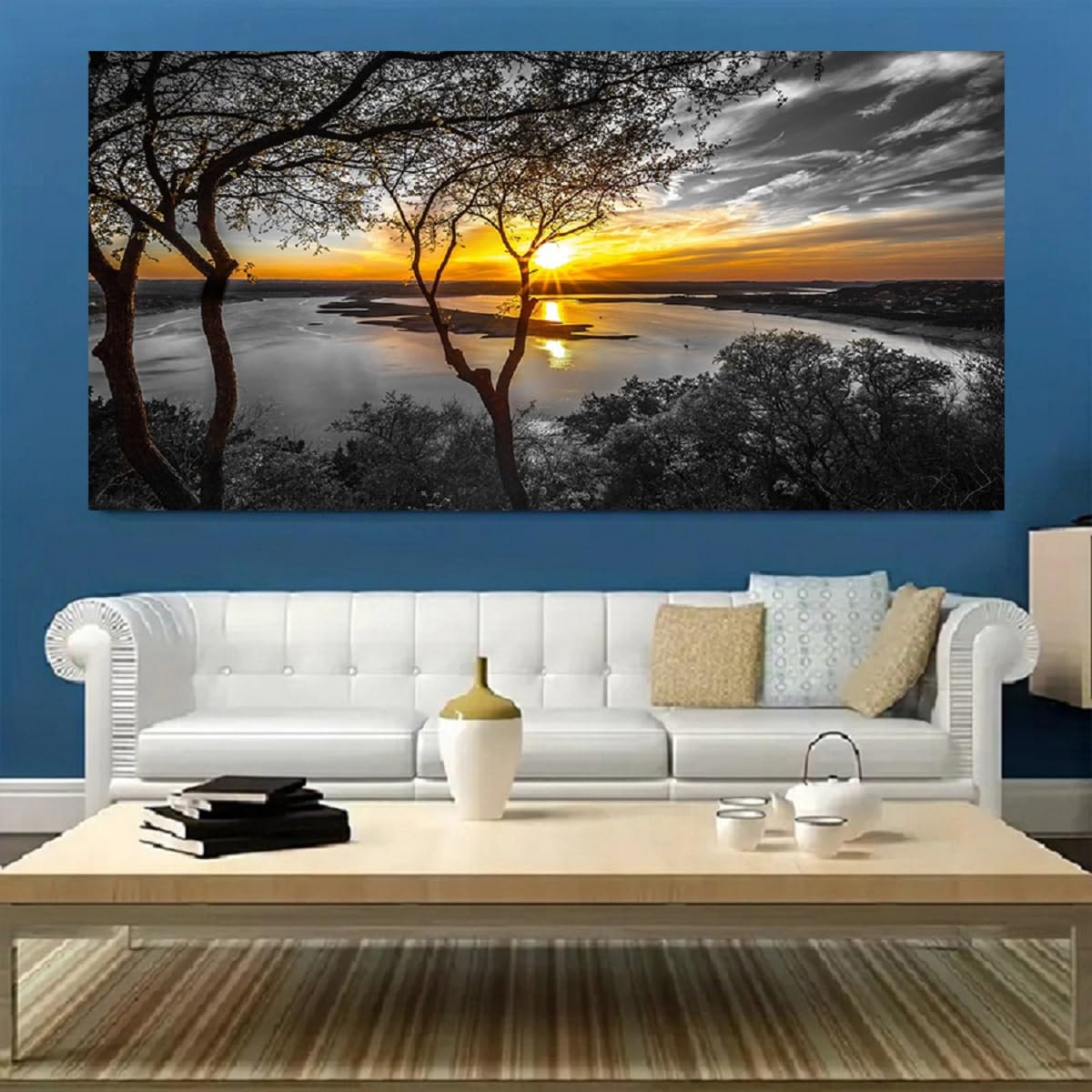 Large Wall Art Living Room Black and White Landscape Tree Canvas Wall Art Lake Print Art Forest Gold Sunset Poster Picture Natural Scenery Painting Bedroom Wall Decor Home Office Decorations (black white LS / 60"L x 30"W)