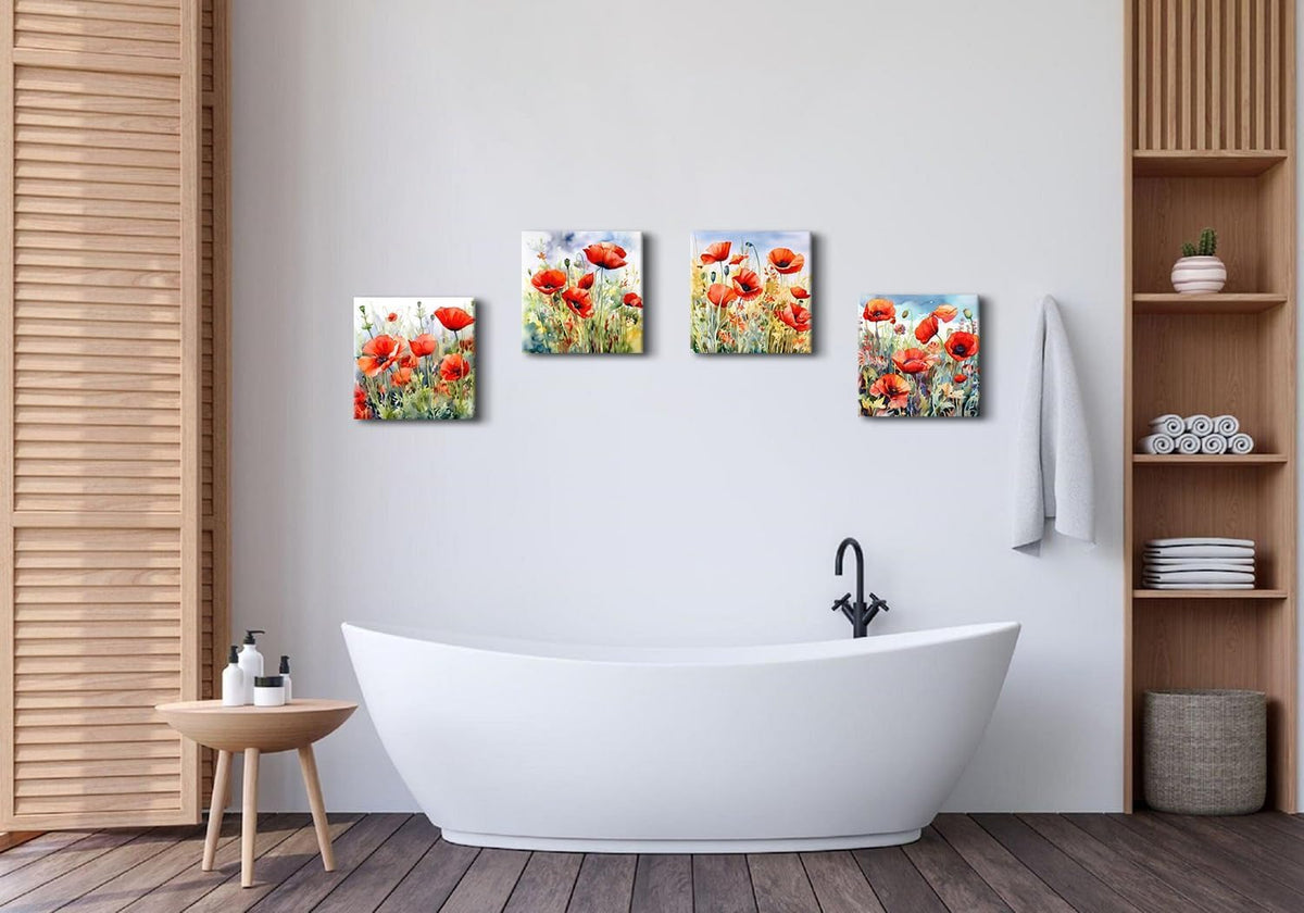 Red Poppy Floral Canvas Wall Art Bedroom Wall Decor (12"L x 12"W / REDPOPY)