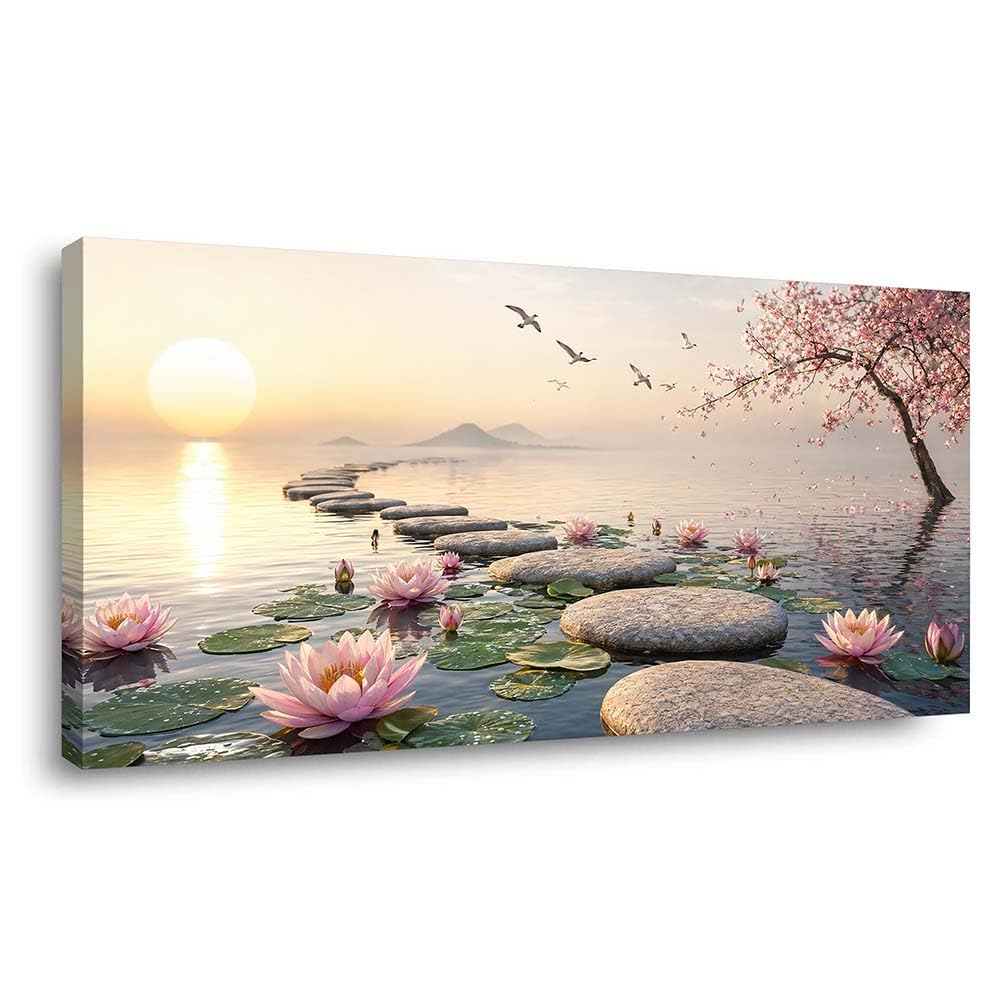 Serene Sunset Lake Canvas Wall Art Pink Water Lily & Cherry Blossom Painting Zen Stepping Stones Nature Print Gallery Wrapped Artwork for Living Room Bedroom Bathroom Decor (Coastal / Zen Garden 39 / 40"L x 20"W)