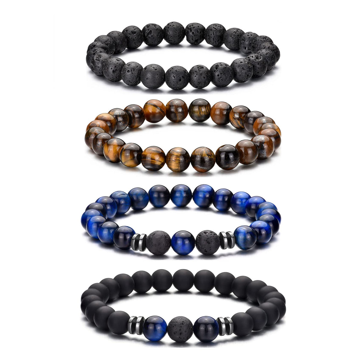 Tiger Eye Bracelet For Men 8MM Natural Stone Beads Bracelet Set Stretch Lava Rock Bracelets Adjustable Black Crystal Beaded Bracelet for Men Women Gifts (4,lava rock,tiger eye,blue,black)