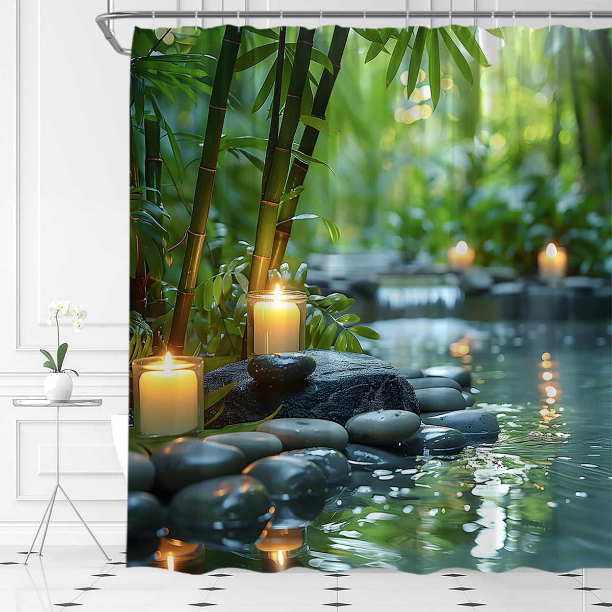 Zen Spa Shower Curtain Bamboo Stone Candle Nature Water Reflection Calming Meditation Fabric Bathroom Decor Set with Hooks (Green Black / 70"W x 70"L (Pack of 1))