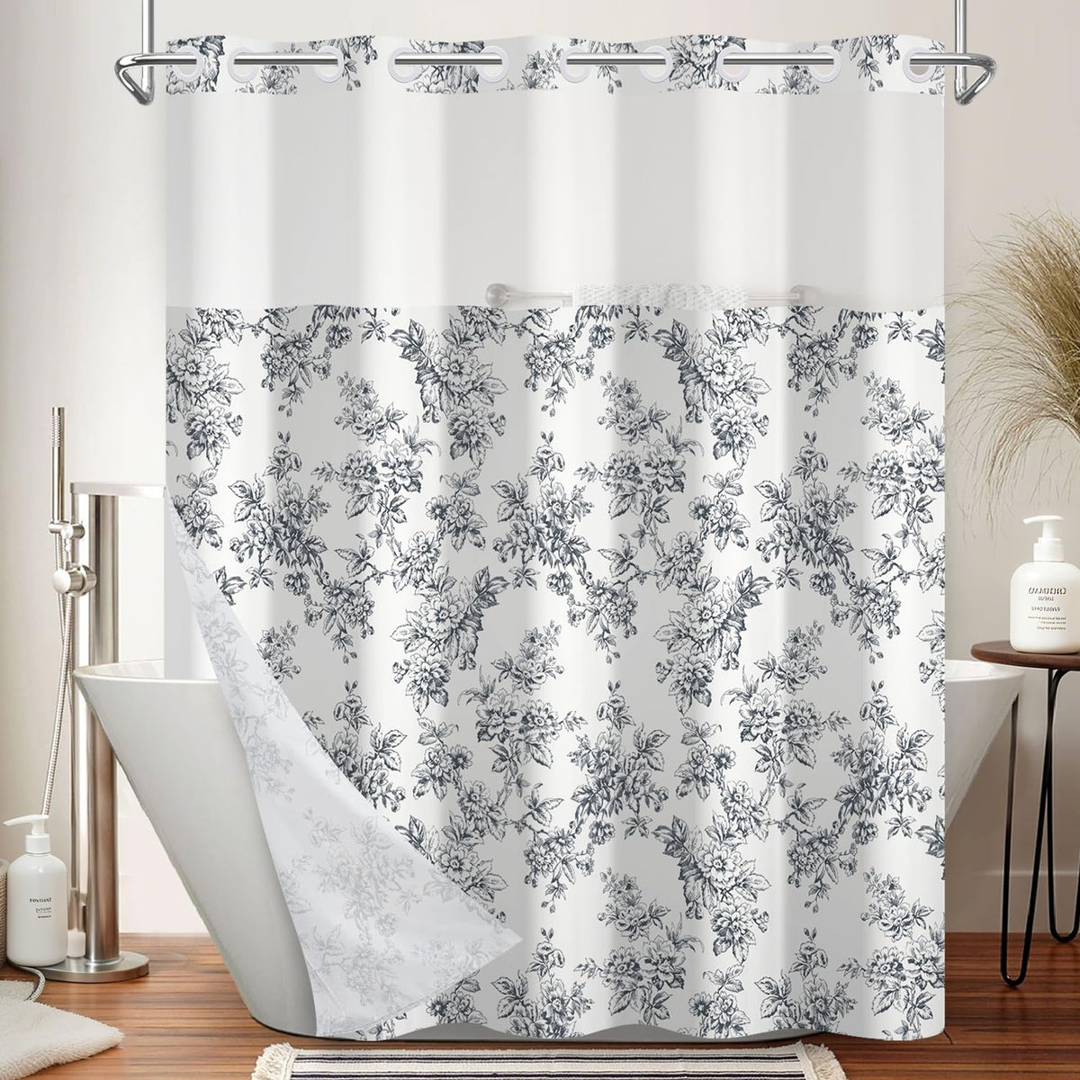 Vintage Floral No Hook Shower Curtain with Snap in Liner Set (Plain Colored Floral)