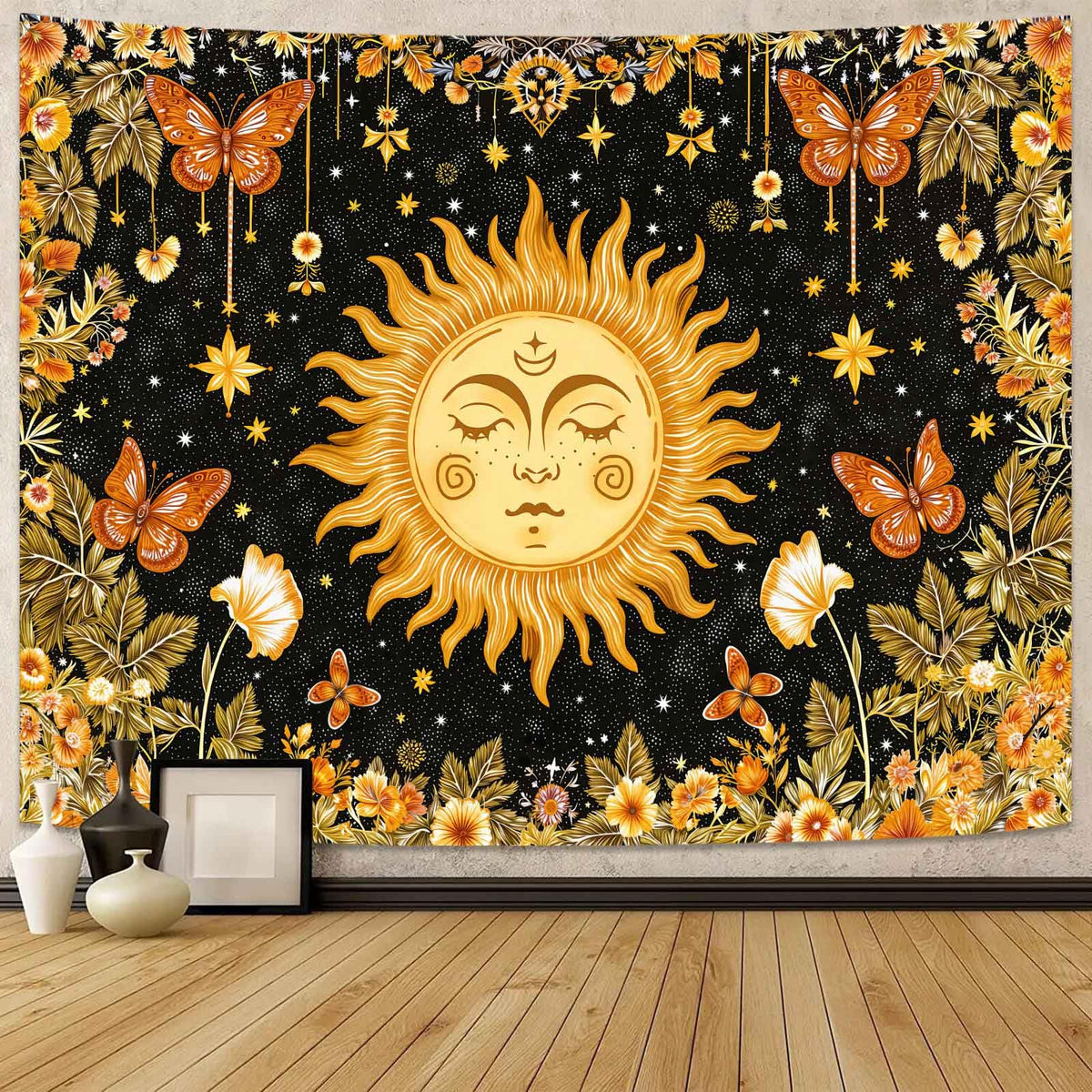 Sun with Face Wall Tapestry (Black Yellow / 90"L x 70"W)