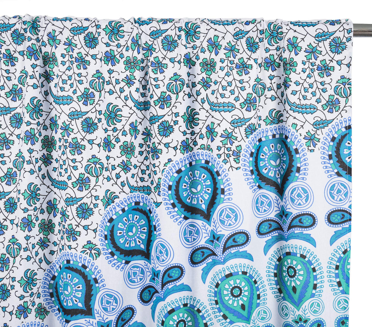 Indian Hippie Bohemian Beautiful Peacock Mandala Window Curtain Panels White Blue (White Blue Teal Green / 84"W x 100"L (Pack of 2))