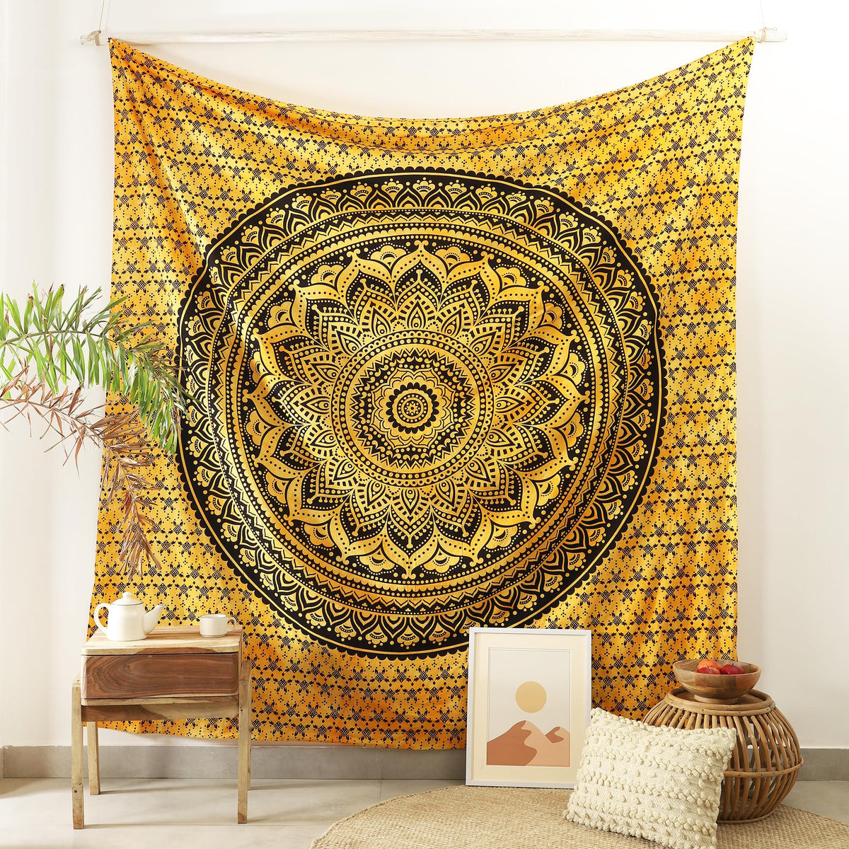 Queen Mandala Hippie Tie dye Psychedelic Ombre Tapestry Wall Hanging (88L" x 81W" / Yellow)