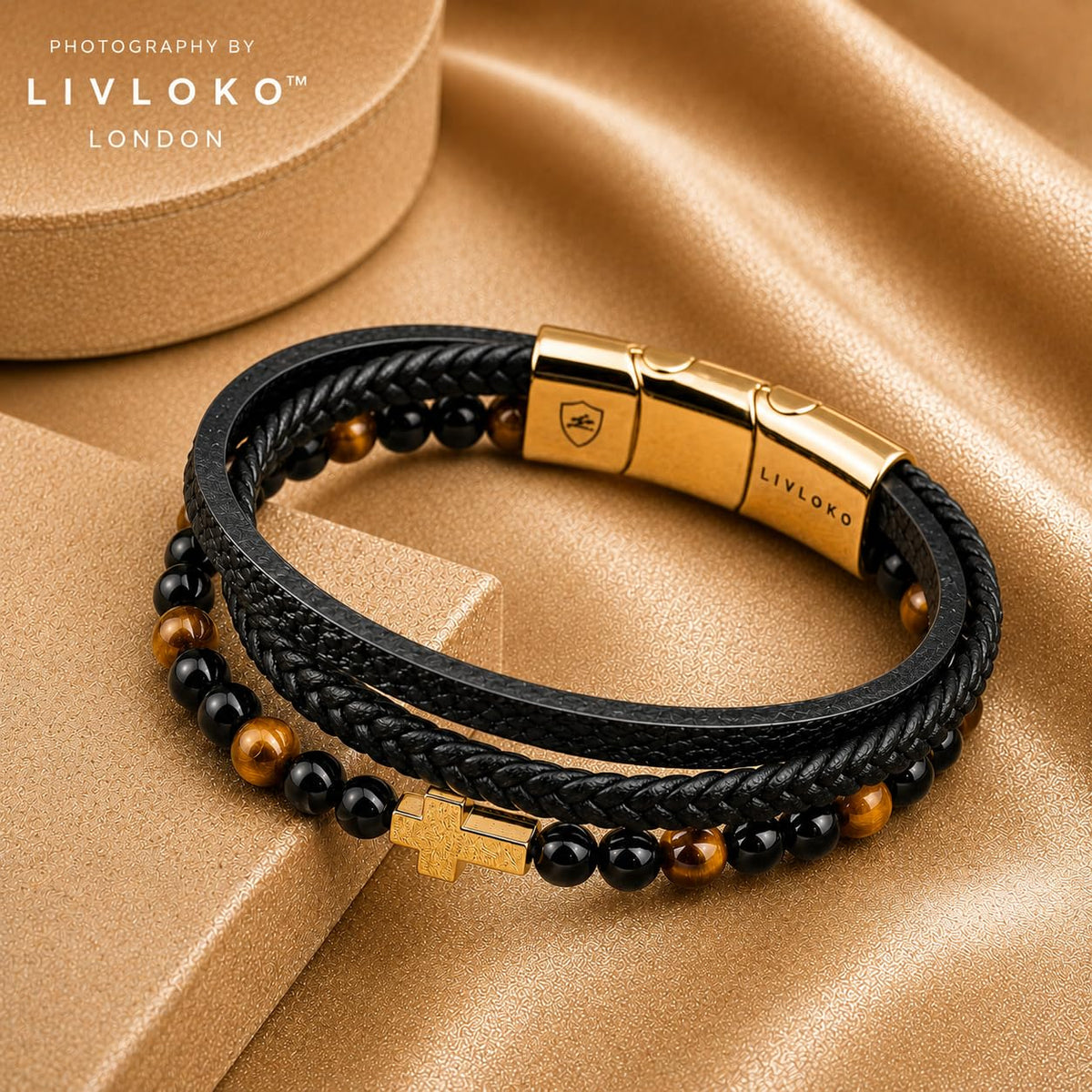 Mens Bracelet Leather Black Multi (E. Black Brown Tiger-Eye Cross Adjustable / 8.75 IN)