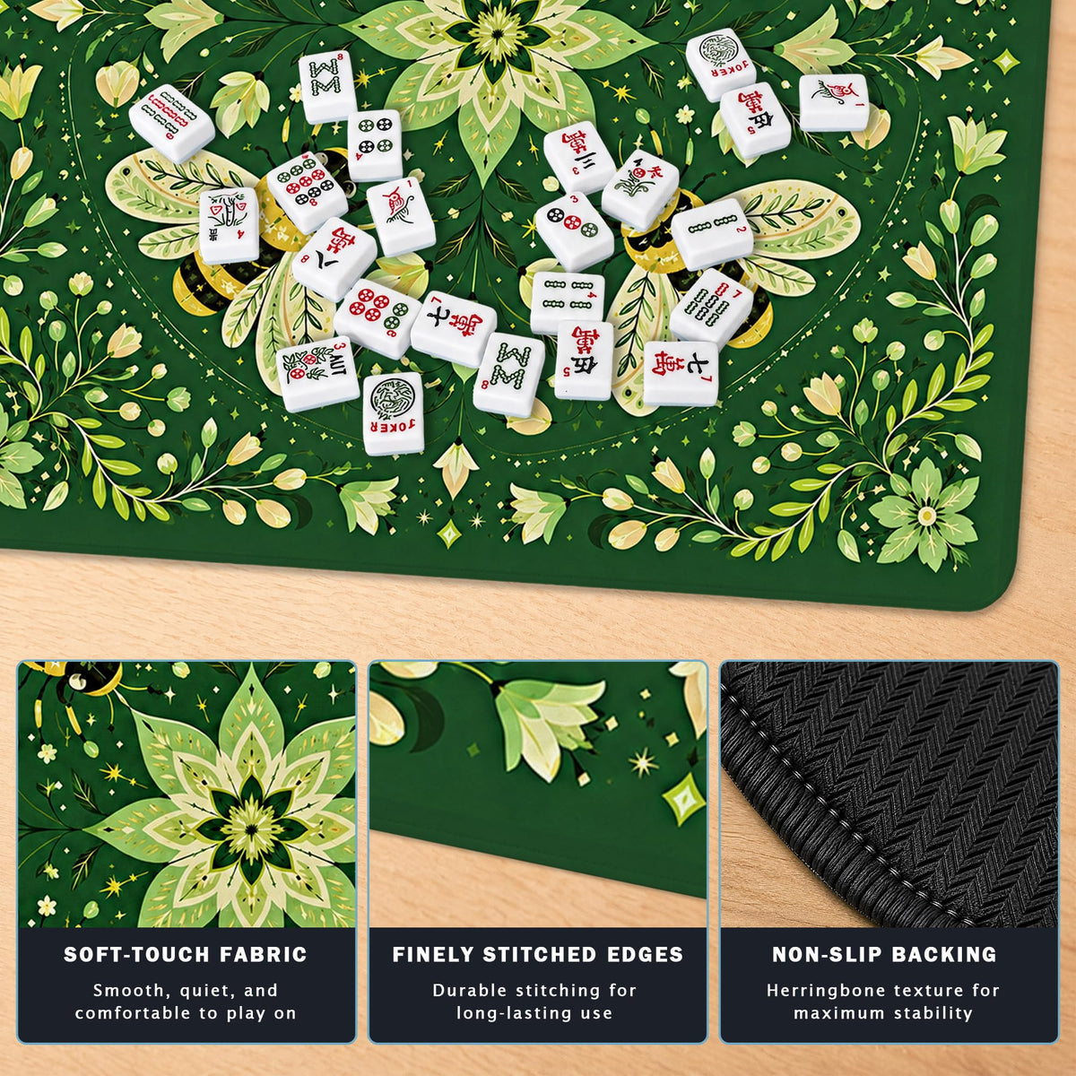 Green Floral Bumblebee Botanical Mahjong Table Mat 31.5" x 31.5" (Bee)