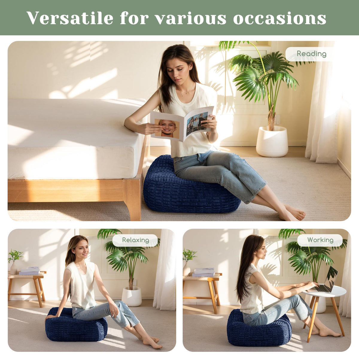 8" Floor Pillow Cushion for Adults (Square Navy / 8" Thick(Pack of 2))