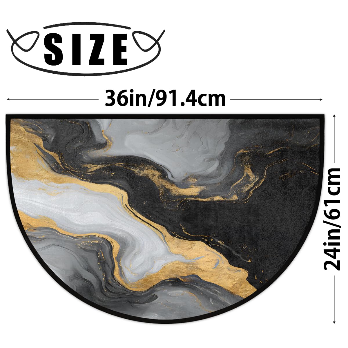 Marble Black Gold Half Round Door Mat Non Slip Washable Semi Circle Area Rug Absorbent Soft Half Moon Rug Floor Mat for Indoor Outdoor Kitchen Bathroom Patio Front Door Mat Decor (A9)