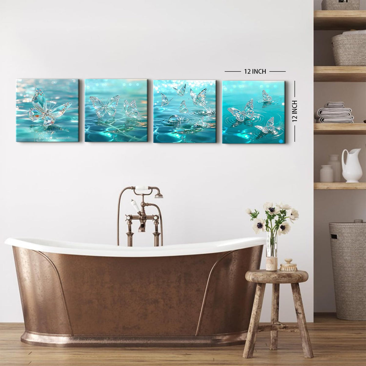 Teal Butterfly Wall Art Turquoise Pictures for Bedroom Decor Crystal Butterflies Wall Decor Blue Butterfly Posters Prints Water Scenery Paintings Artwork Living Room Home Decorations 12x12” (12"L x 12"W / Butterfly02)
