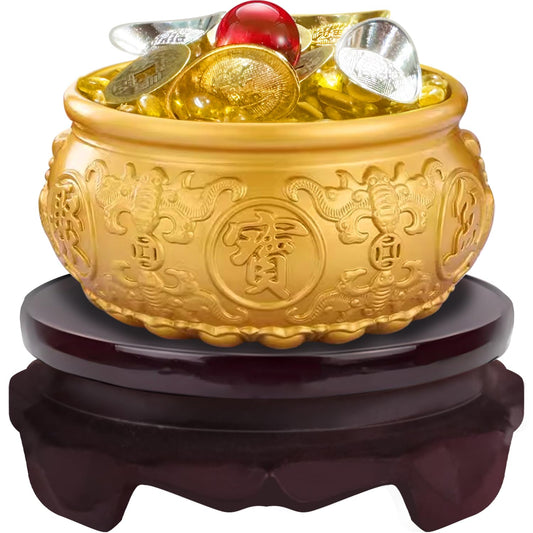 Brass Treasure Bowl Set with Base 5Pcs Copper Coins Citrine Lucky Ball 2Pcs Gold Ingots and 2Pcs Silver Ingots Chinese Feng Shui Decoration for Business Prosperity Fortune 3.94" (3.94in)