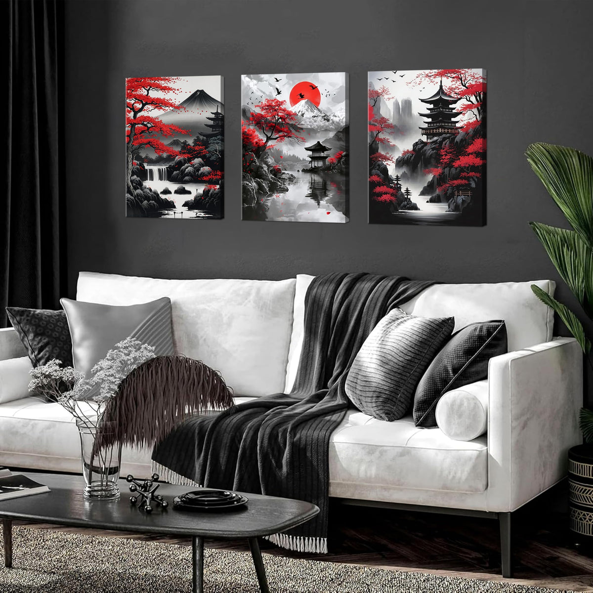 Japanese Wall Art Set of 3 (Black / 24"L x 16"W)