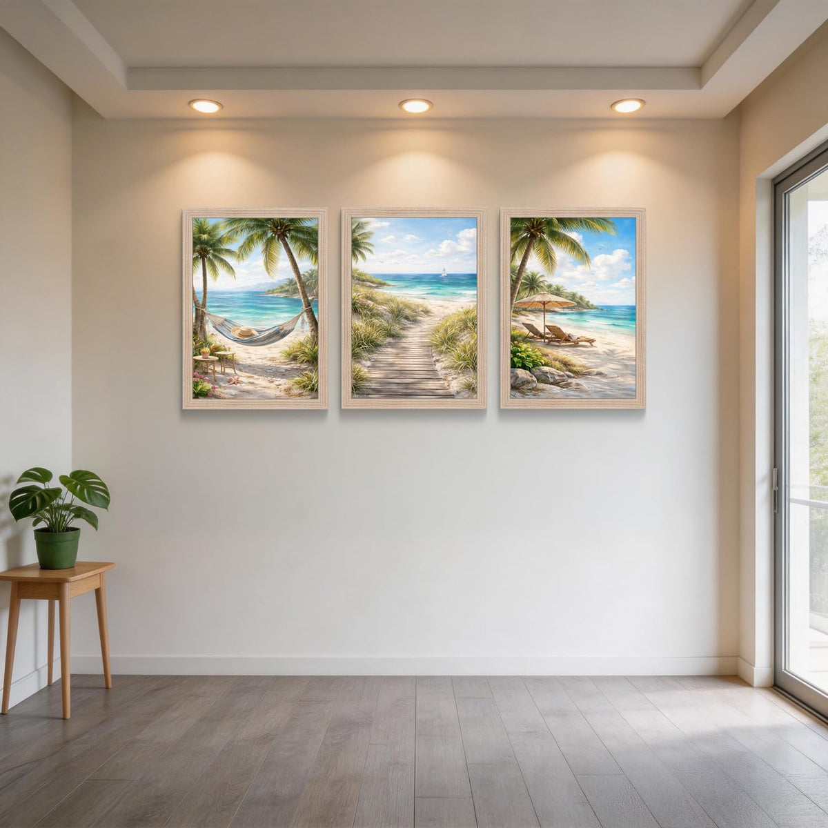 3Pcs Framed Beach Themed Art Canvas Painting Coastal Poster Ocean Image Tropical Palm Tree Print Seaside Gallery Wall Decoration Living Room Bedroom Bathroom 12x16 Inches Ready To Hang (Beach Scenery - 1 / 12x16in)