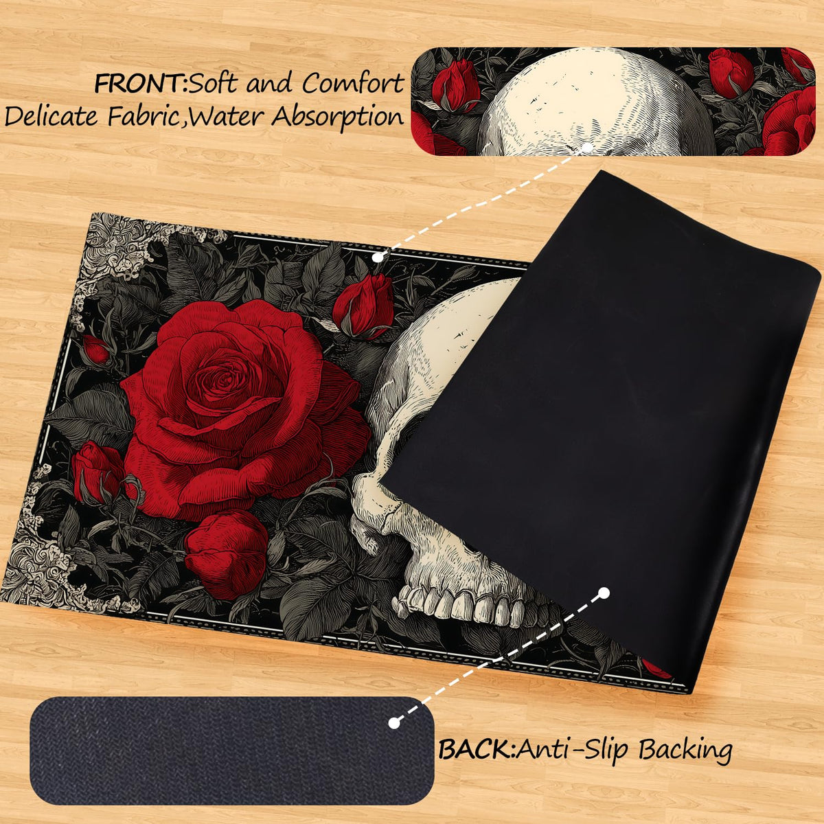 Red Rose Skull Laundry Room Rug 20x47 Inch (#92)
