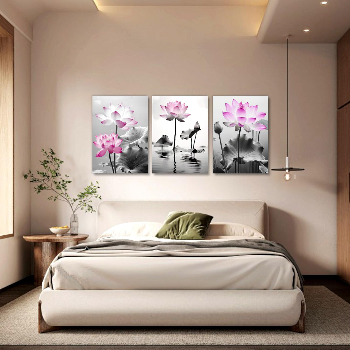 Lotus Canvas Wall Art 3 Pieces Pink Flowers in River Pictures Prints Wall Decor Black and White Painting Artwork for Bathroom Living Room Bedroom Office Home Decor (Lotus-6 / 11.00"x14.00"x3P)