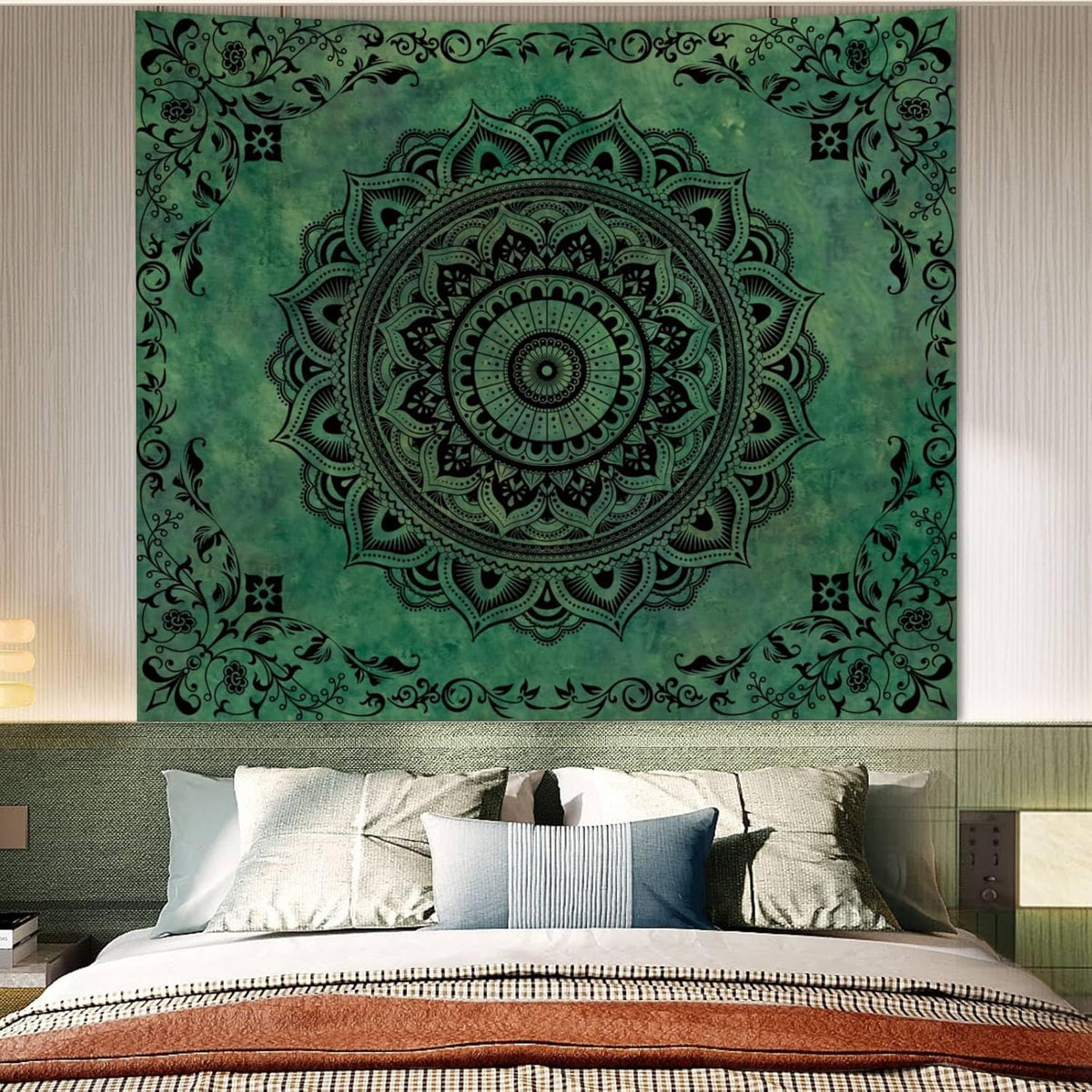 Green Hippie Tapestry Wall Hanging (Green Mandala Tapestry / 79"L x 60"W)