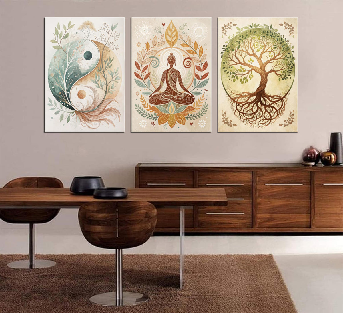 3 Pcs Tree of Life Canvas Wall Art Lotus Zen Painting Pictures Wall Decor Yin Yang Taichi Spiritual Prints Posters for Living Room Yoga Room Hotel Bedroom Home Decor 16x24in Framed (Tree of Life / 24L"×16W" canvas)