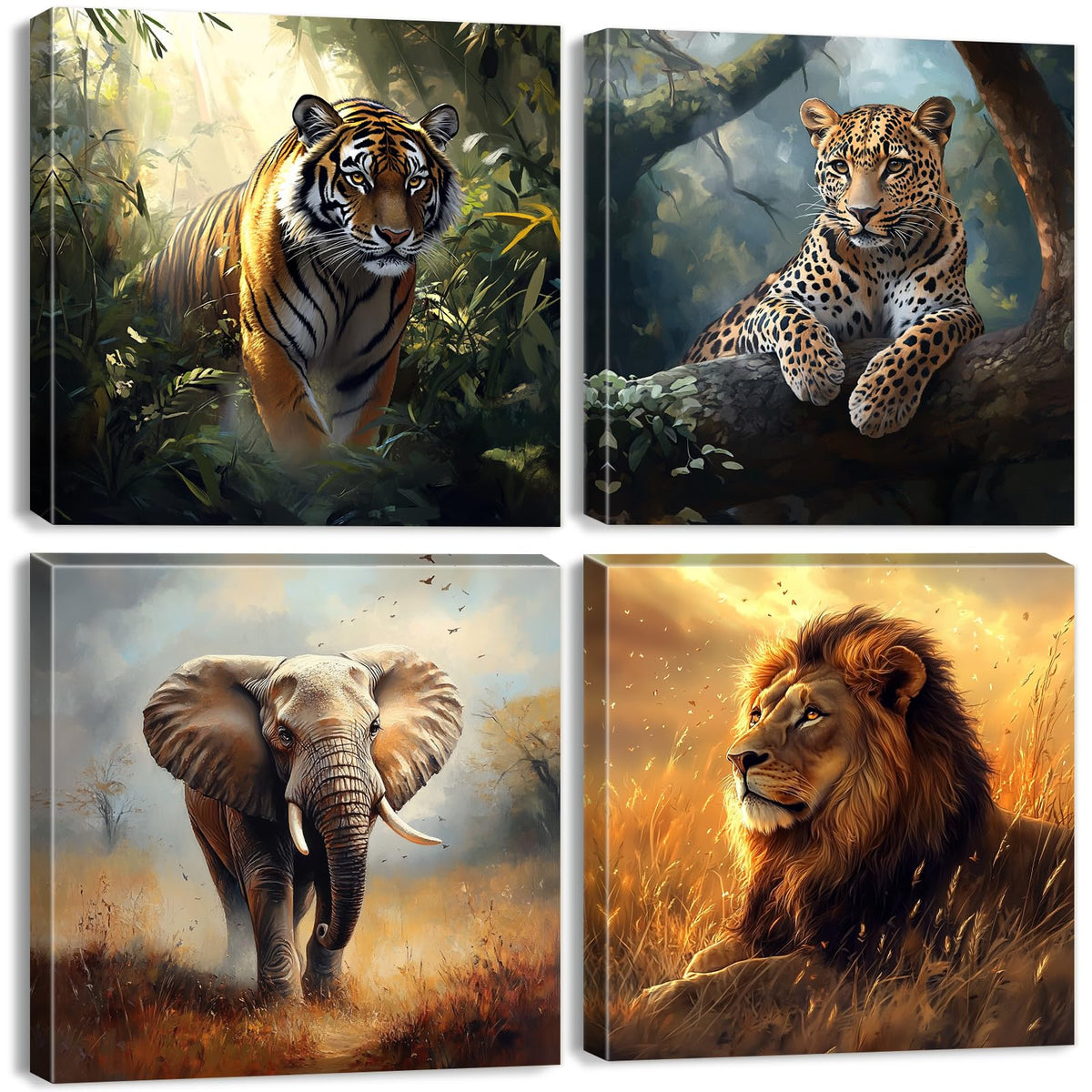 Wild Animal Lion Wall Art Wildlife Safari Wall Decor for Nursery Vintage African Elephant Canvas Pictures Tiger Panther Posters Jungle Forest Animals Paintings Artwork Living Room Decoration 12x12" 4P (12"L x 12"W / Wild Animals)