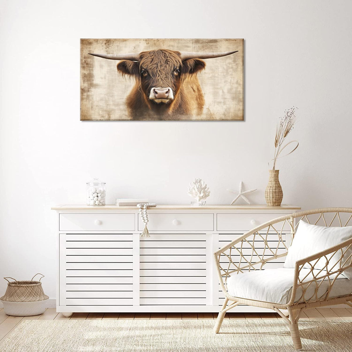 Beige Highland Cow Wall Art for Living Room Office Rustic Scottish Cattle Farmhouse Decor Painting Prints Distressed Canvas Artwork Dining Bedroom Decor Large (Farmhouse / Beige Rustic Cow Wall Art / 46"L x 23"W)