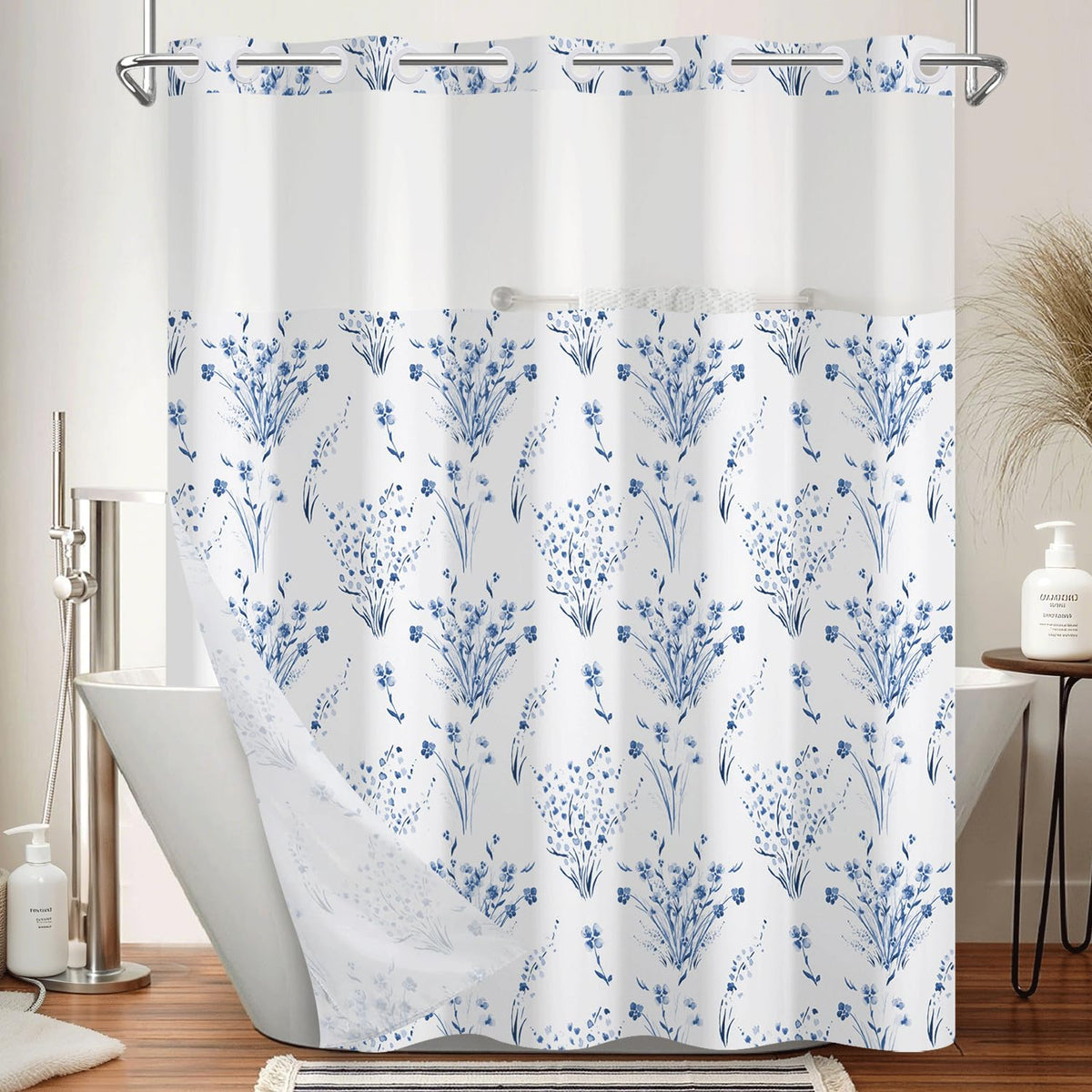 Watercolor Blue Floral Shower Curtain with Snap in Liner Set (Blue Floral)