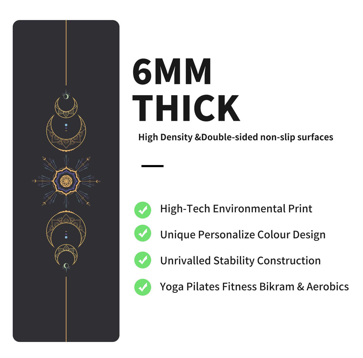 Yoga Mat Print Extra Thick TPE Non Slip Fitness Exercise Mat with Carrying Bag (Grey)