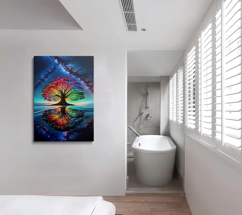 Tree of Life Canvas Wall Art Framed Cosmic Star Landscape Decor 16x24 Inch (Rainbow Tree / 24"L x 16"W)